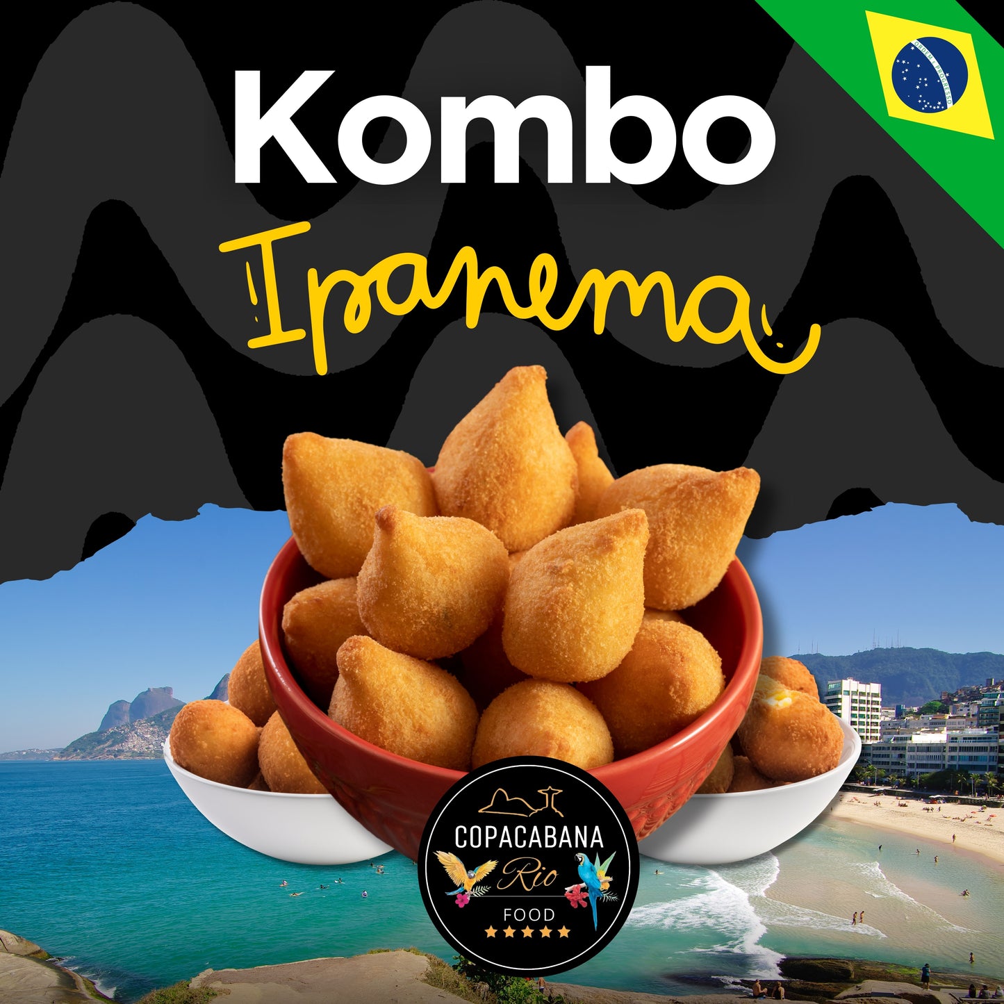 COMBO - IPANEMA Almofadas mit Garnelencreme - Coxinha mit Rindfleisch - Coxinha carioca Hänschen Filet Oliven und Mais - Maisbällchen mit Käse und Kräutern