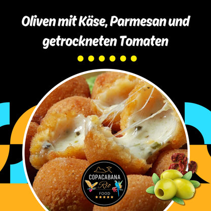 Oliven mit Käse, Parmesan und
getrockneten Tomaten